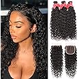Brazilian Water Wave Bundles with Closure (12 14 16+10) 100% Unprocessed Nutural Wave 3 Bundles with Closure 4x4 Free Part Wet and Wavy Curly Wave Hair Extensions