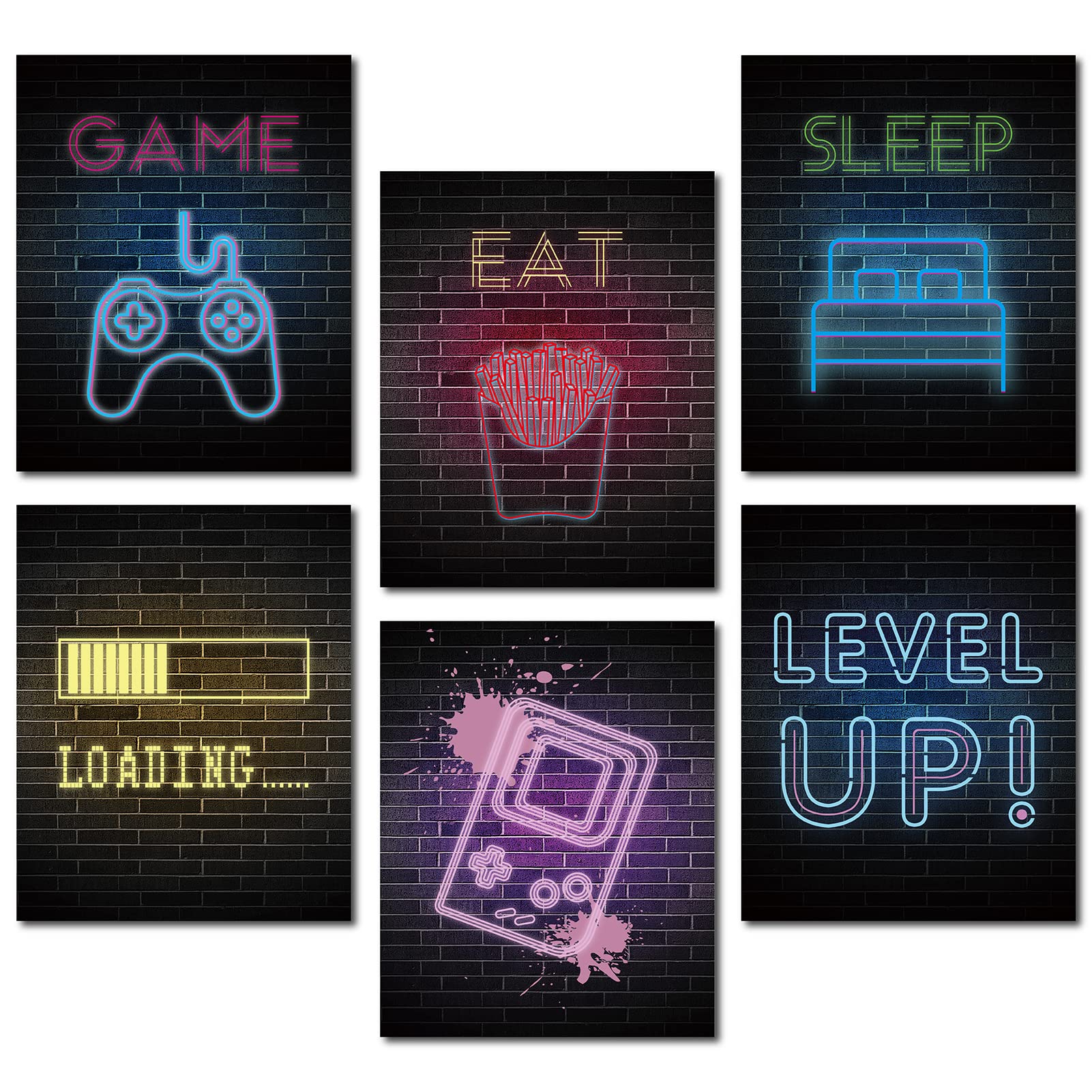 CRASPIRE Wall Art Print Game Sign Art Painting Set of 6 Paper Level Up Wall Decor Colorful Wall Art Poster for Gamer Room, Living Room, Bedroom Decor, Unframed (10 inch x 8 inch)