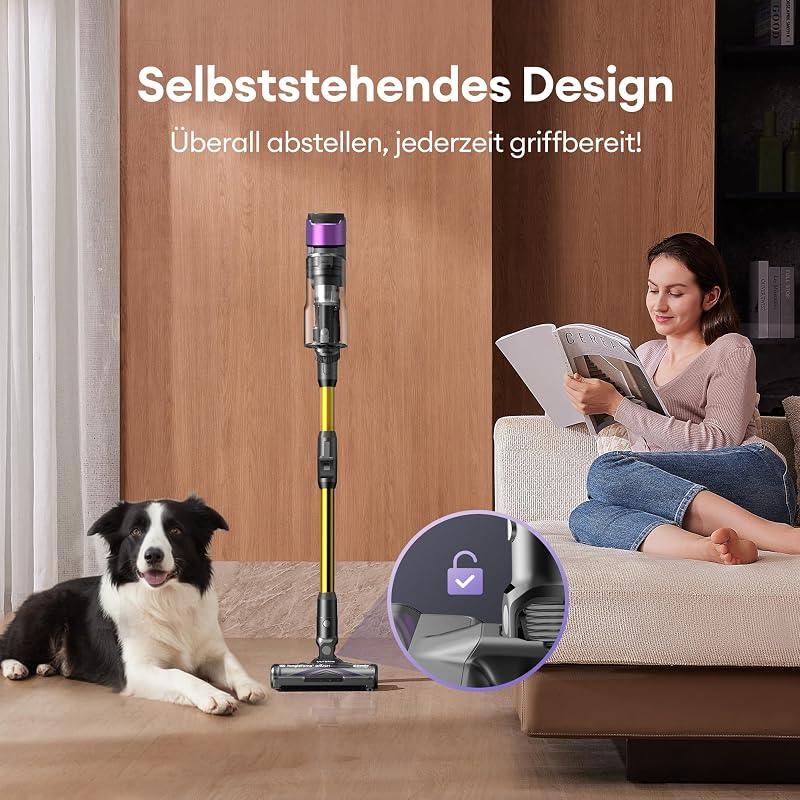 Akku Staubsauger,55KPA/600W/60Mins Staubsauger Kabellos mit 180° klappbarem Rohr, 1,5L Großer Staubbecher, Anti-Tangle-Bürste, GreenEye-Technologie,Licht für Hartböden Teppiche Tierhaare
