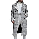 Ebifin Men's Notch Lapel Double Breasted Long Trench Coat Casual Cotton Blend Peacoat