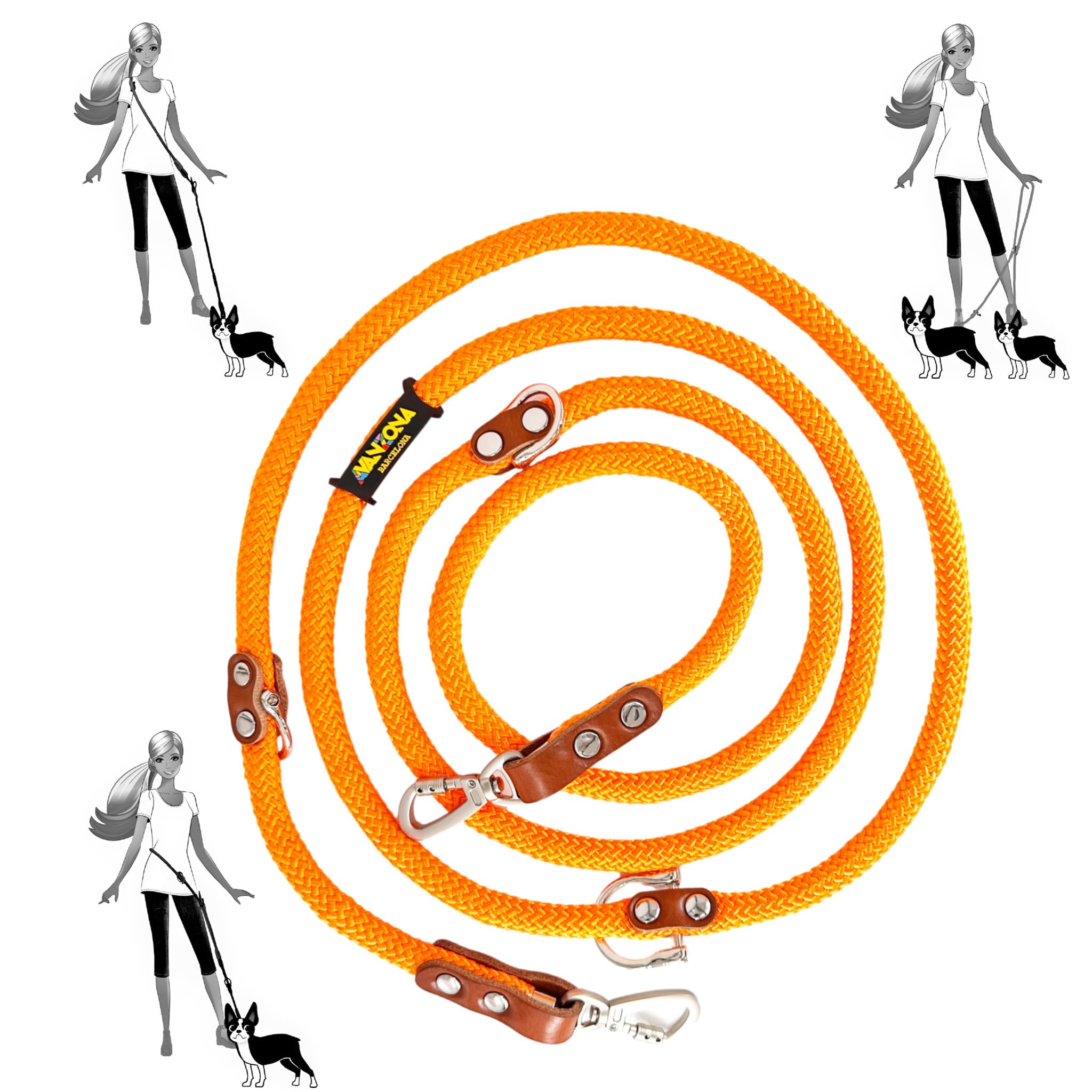 Hands Free Dog Lead. Double Ended, MultiFunction, Multiposition, for 2 Dogs, Small Medium Large. Rope and Leather, Made in Spain. Orange & Cognac. — image 1