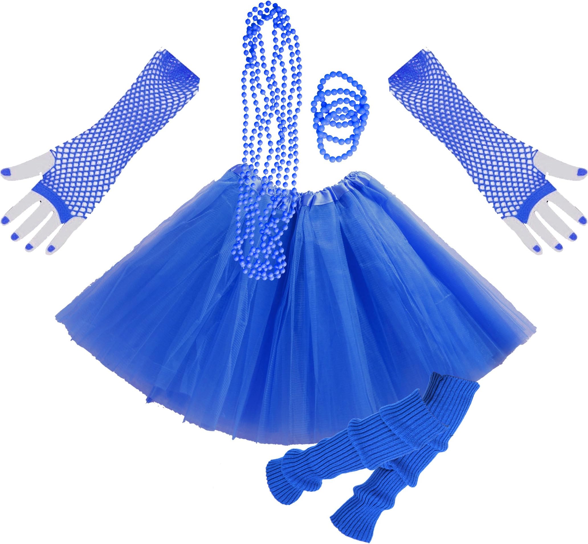InnoBase Neon 80s Themed Party Dress-up Set Layered Tutu Fishnet Gloves Legwarmers Plastic Beads Necklaces and Bracelets Fancy Dress Costume Accessories (A8)