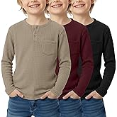 LessonZoo 3 Pack Boy's Henley Long Sleeve Shirts Waffle Thermal Tops 5-14 Years Kids Casual Sport Sweatshirts with Pocket