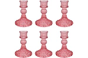 Showin Glass Candlestick Holders Set of 6, Pink Crystal Taper Candle Holders for Table Centerpiece, Home Decorations, Valentine Day, Wedding and Party