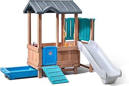 Amazon Com Step2 Woodland Adventure Playhouse Slide Kids Wooden Playset With Slide Brown Toys Games