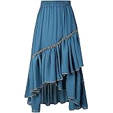 Pixiemain Women's Medieval Renaissance Contrast Layered Victorian Gothic Flowy Fairy Ruffled Midi Skirts with Pockets