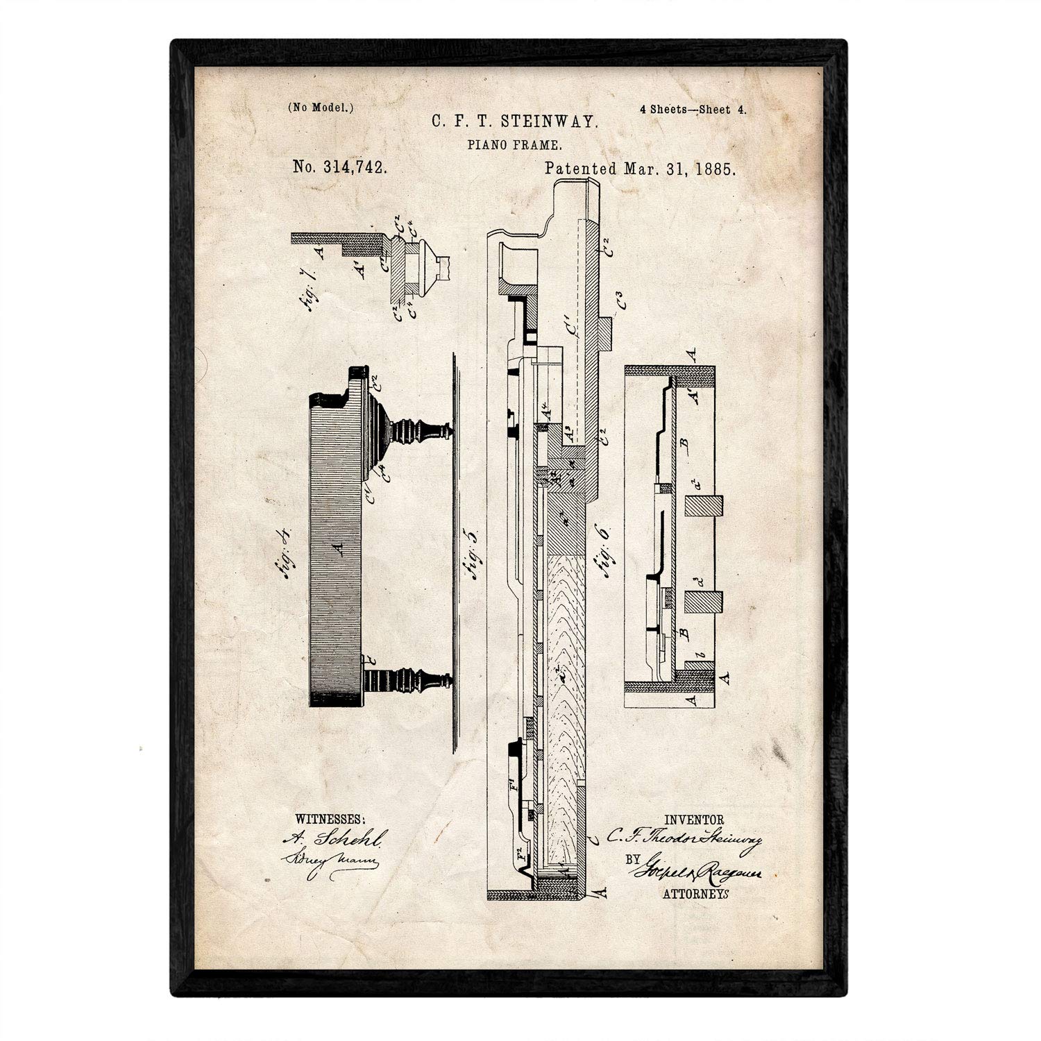 Nacnic Poster patent Piano 3. Foil with old design patent in A3 size and vintage background