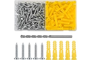 BAYIDUN 200 Pcs Concrete Wall Anchors and Screws, Super Yellow Anchor and Pan Head Screws Kits, 10# Slotted Phillips Screws and Drywall Anchor Kit for Drywall Masonry, with 1 x Drill Bit (Yellow)