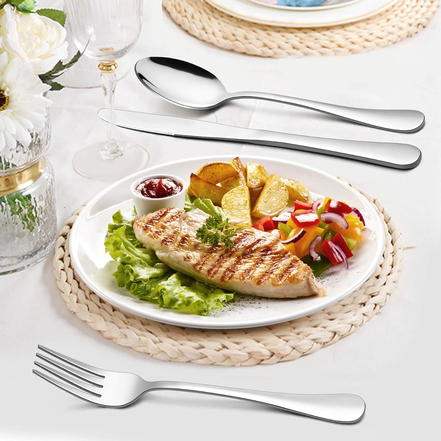 LIANYU 53-Piece Silverware Set with Steak Knives and Serving Utensils, Stainless Steel Flatware Cutlery Set Service for 8, Eating Utensil Set for Home Party Wedding, Dishwasher Safe, Mirror Finished: Kitchen & Dining