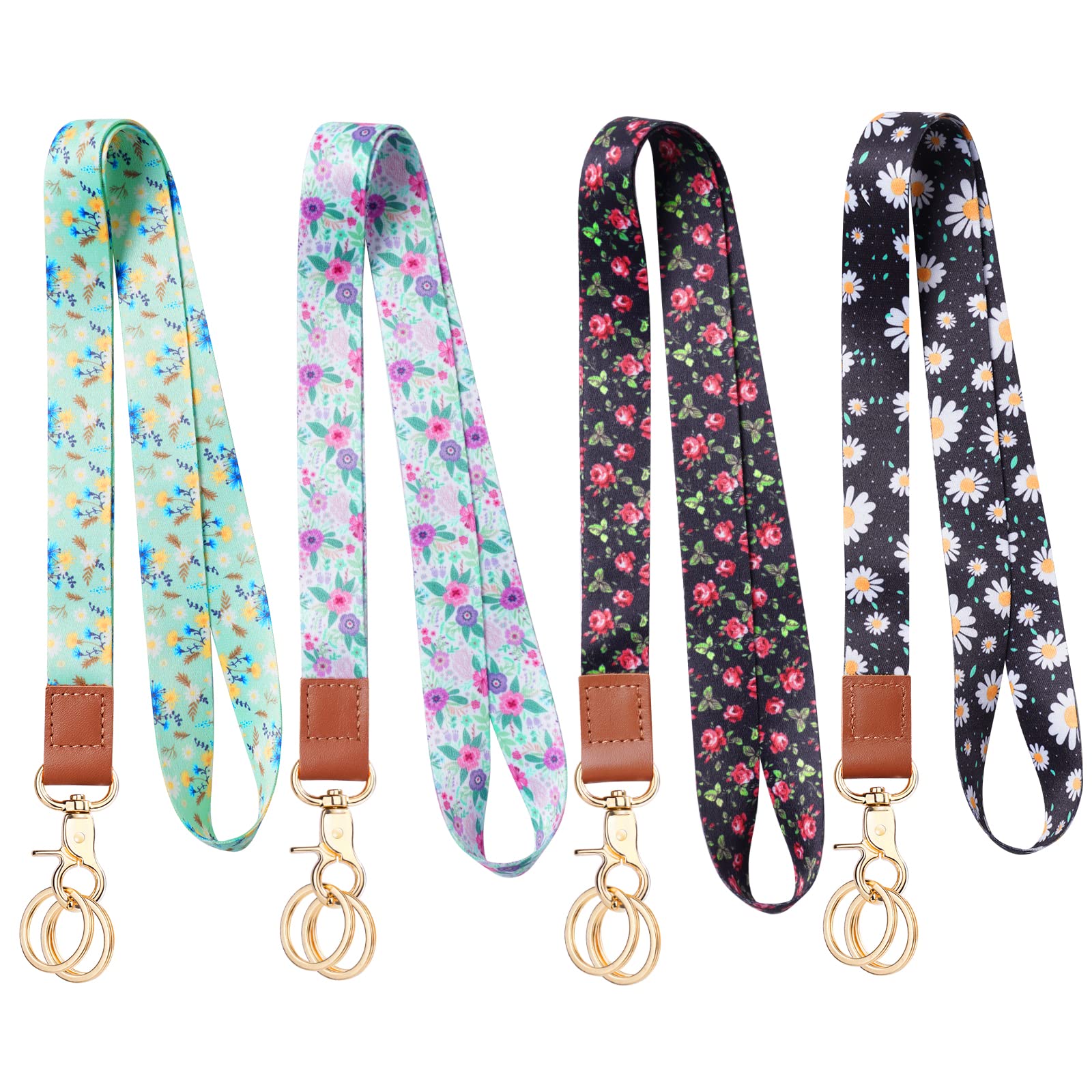 Vicloon Print Lanyard Neck Strap, 4 Pcs Keychain ID Lanyards for Keys Neck Leather Lanyard with 8 Metal Key Rings for ID Badge Holder Keys Phone