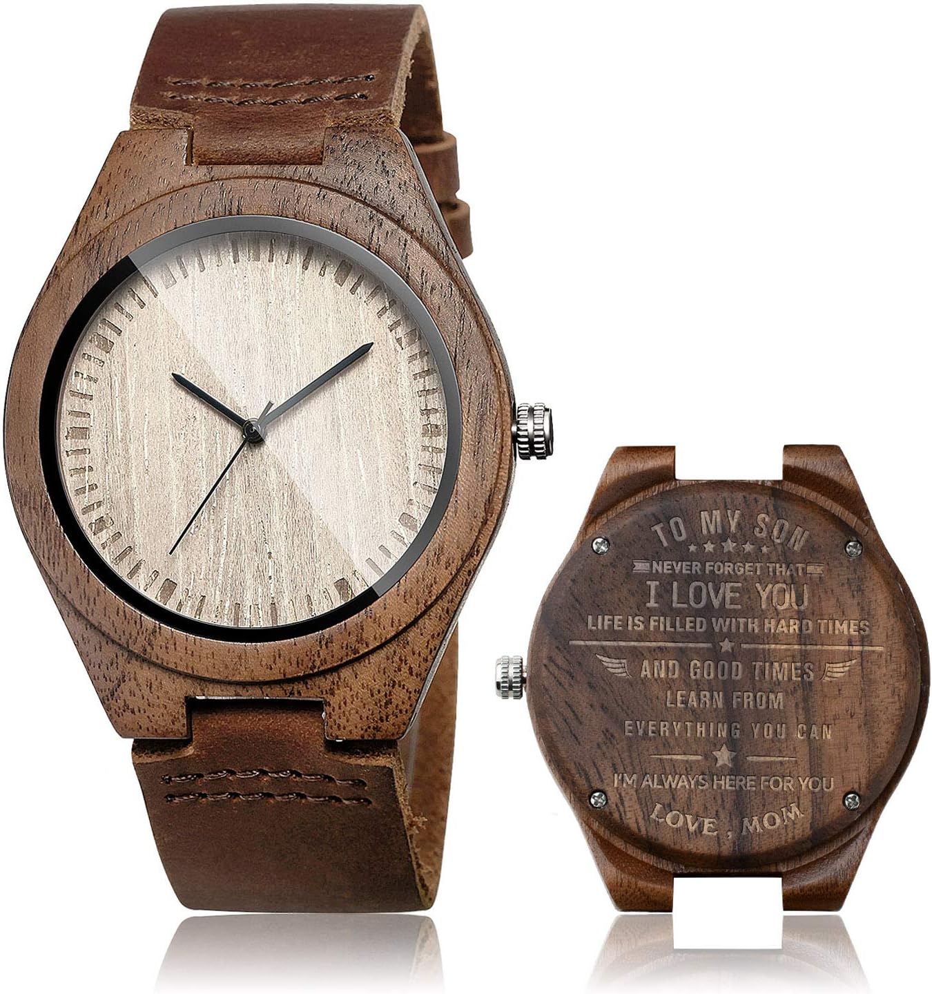Men's Walnut Wood Cowhide Leather Strap Watch Wooden Case Analog Quartz Wristwatch