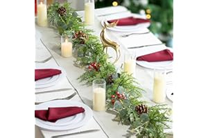 BLOSMON Christmas Garland with Lights for Mantle: 6.5 ft Prelit Glitter Garland for Stairs Railing Decorations - Red Berries Pine Cones Eucalyptus Garlands for Front Door Fireplace Staircase Decor