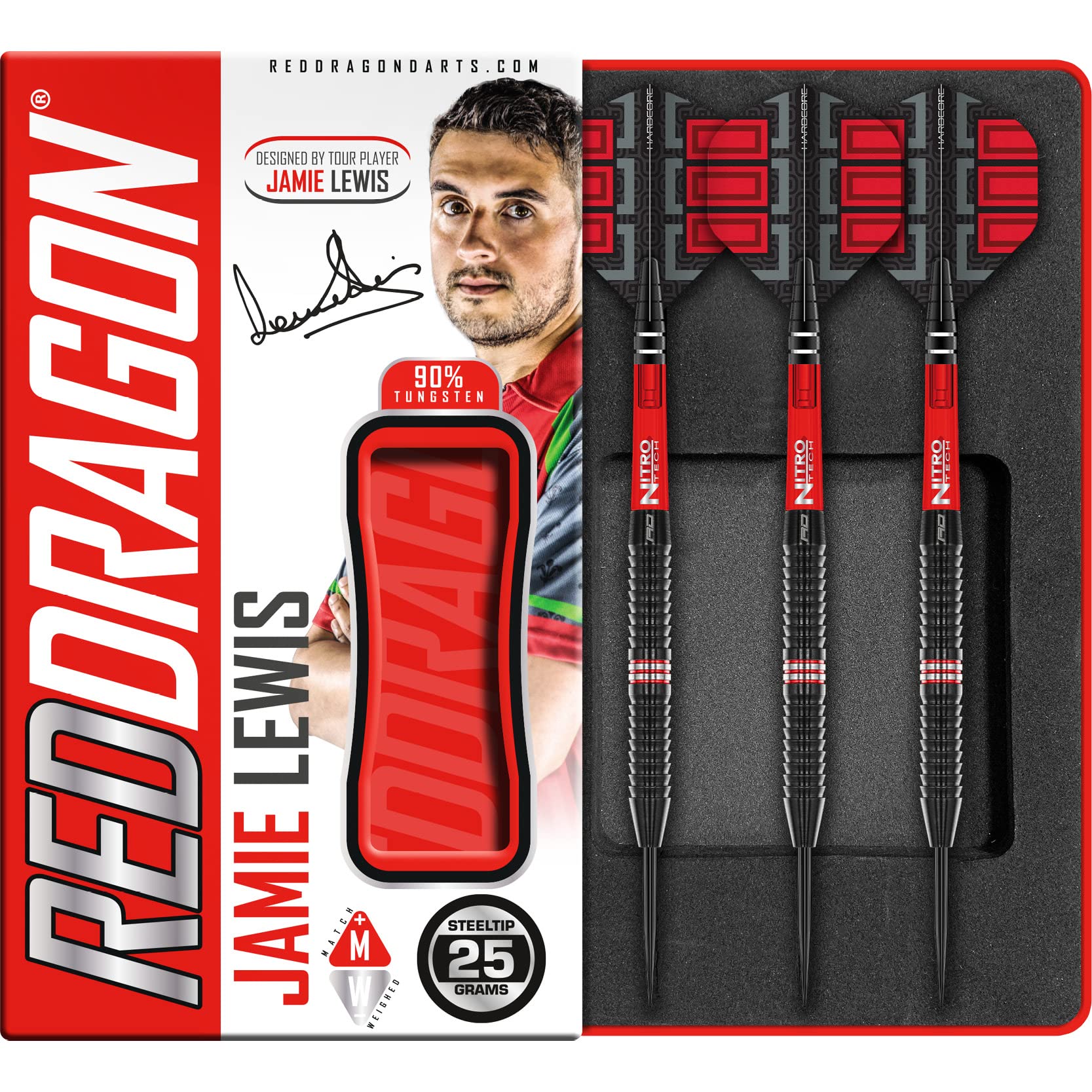 RED DRAGON Jamie Lewis SE 25 Gram Premium Tungsten Darts Set with Flights and Stems