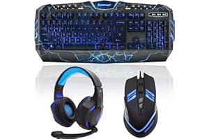 Soundbot SportsBot SS301 Blue LED Gaming Over-Ear Headset Headphone, Keyboard & Mouse Combo Set w/ 40mm Speaker Driver, Microphone, Multimedia Keys & Window Key Lock, 4 DPI Levels (BLU)