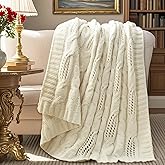 Amélie Home Chunky Knit Throw Blanket, Dual-Sided Soft Chenille Breathable Cable Knitted Blanket for Couch, Farmhouse Decorative Throw for Sofa & Chair, 50"x60", Ivory