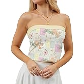 TERIVEEK Women Strapless Reversible Foldover Tube Top Y2K Floral Print Graphic Crop Bandeau Tops Sleeveless Slim Fit Shirt