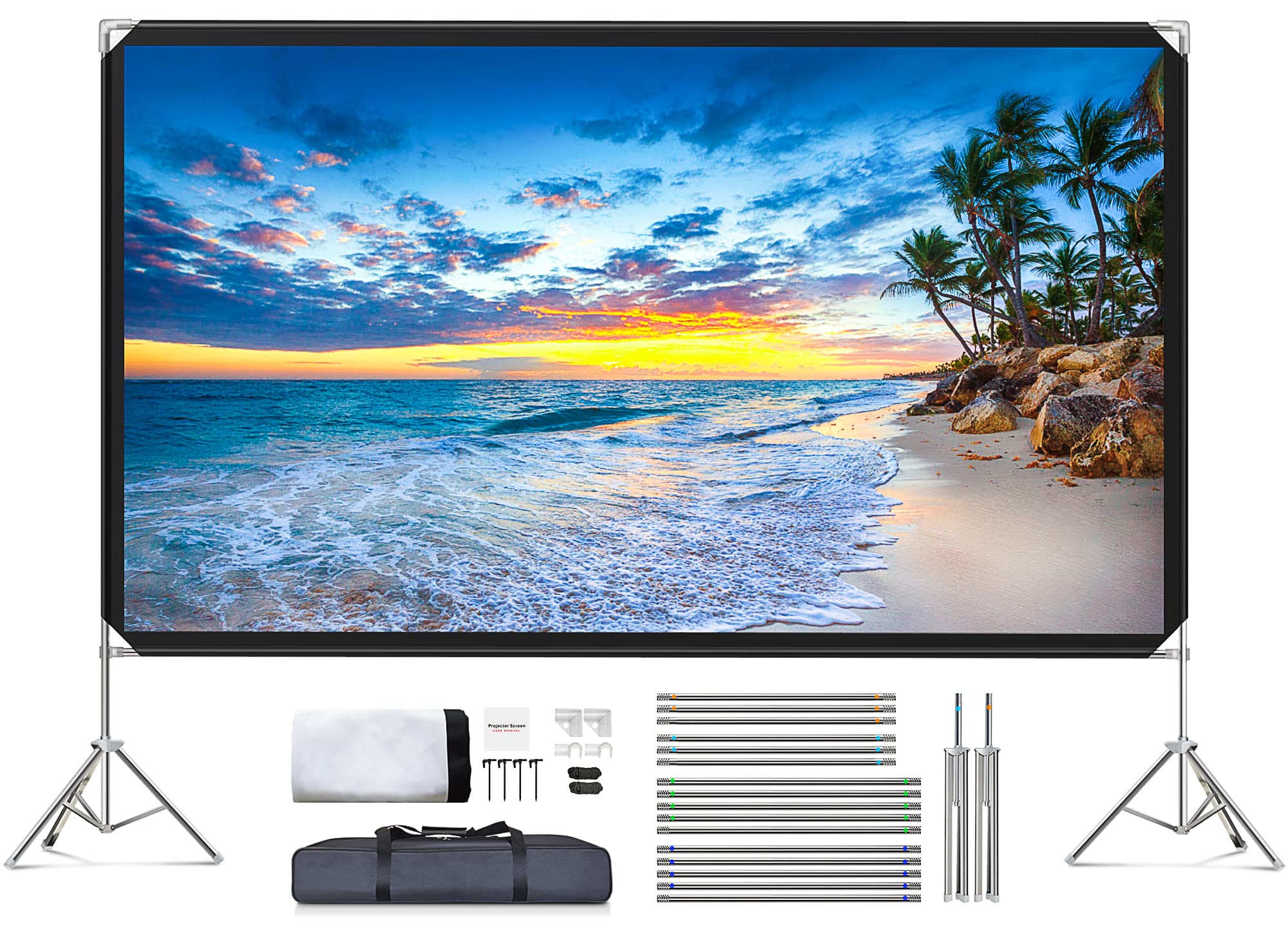 Photo 1 of Projector Screen and Stand - Velcolt Portable Video Projection Screen 120 inch, 16:9 4K HD Rear Front Foldable Outdoor Movie Screen with Carry Bag for Indoor Outdoor Home Theater Backyard Camping