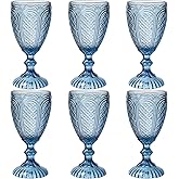 Chaos Coordinator Blue Water Goblets Glasses set of 6,10.5oz Vintage Wine Glassware,Colored Wine Glasses for Wedding Birthday,Valentine's Day, Party Bar Embossed Pattern Stemmed Cups