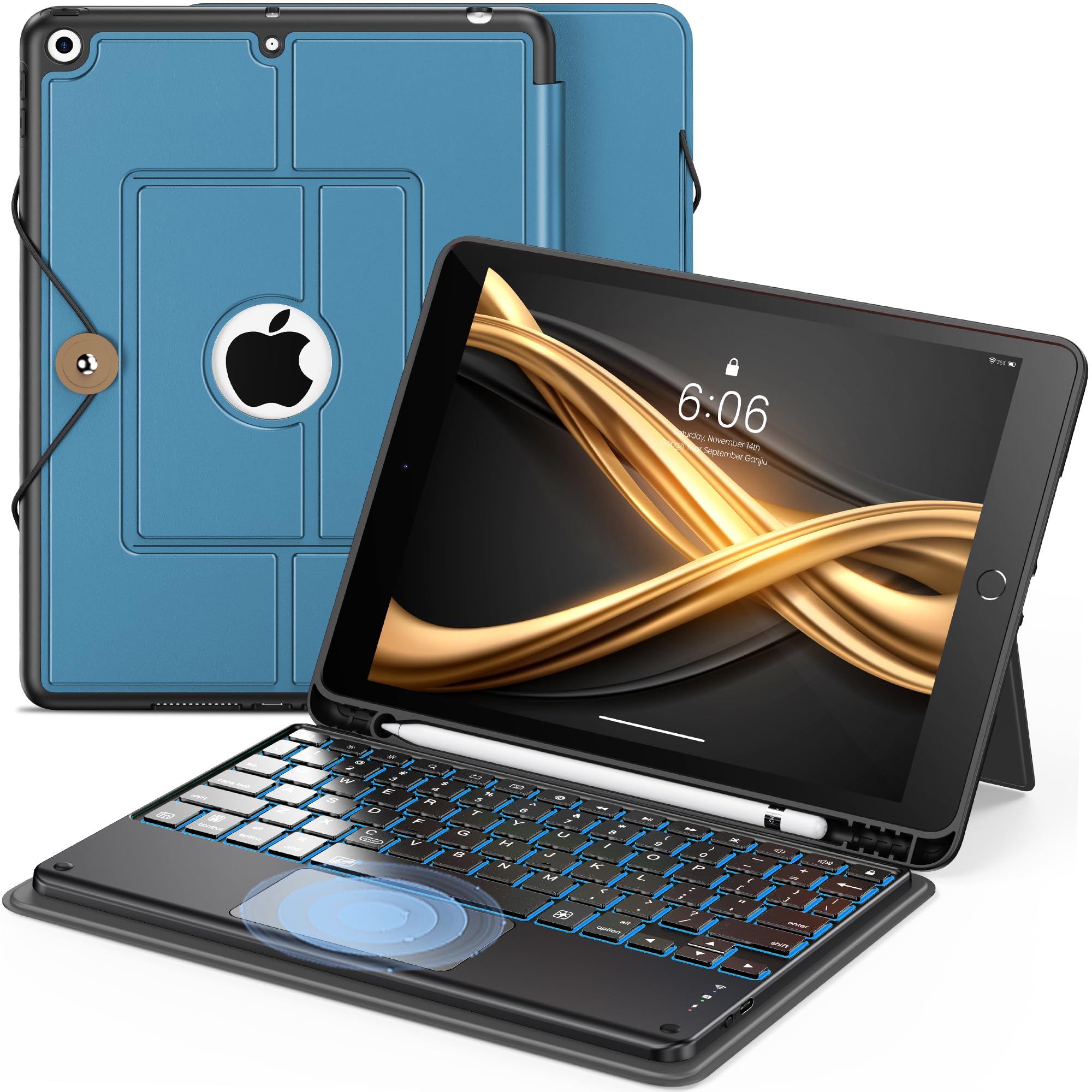 Photo 1 of INFILAND Keyboard Case for iPad 9th/8th/7th Generation 10.2 Inch, 7-Color Backlight & High Precision Trackpad, Slim Detachable Folder Style Keyboard Case with Pencil Holder (Sky Blue)