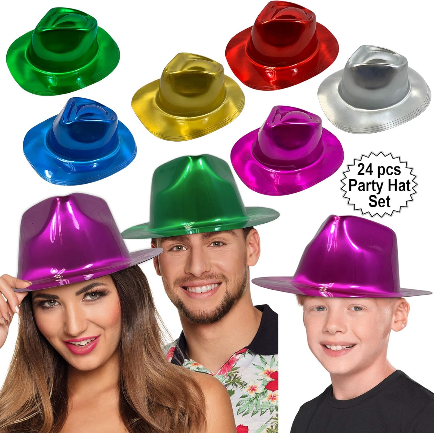 Anapoliz Party Gangster Hats 24 pcs | Metallic Assorted Colors, Plastic Fedora Party Hats for Kids, Adults | Costume, Dress Up, Photo Booth Parties: Clothing