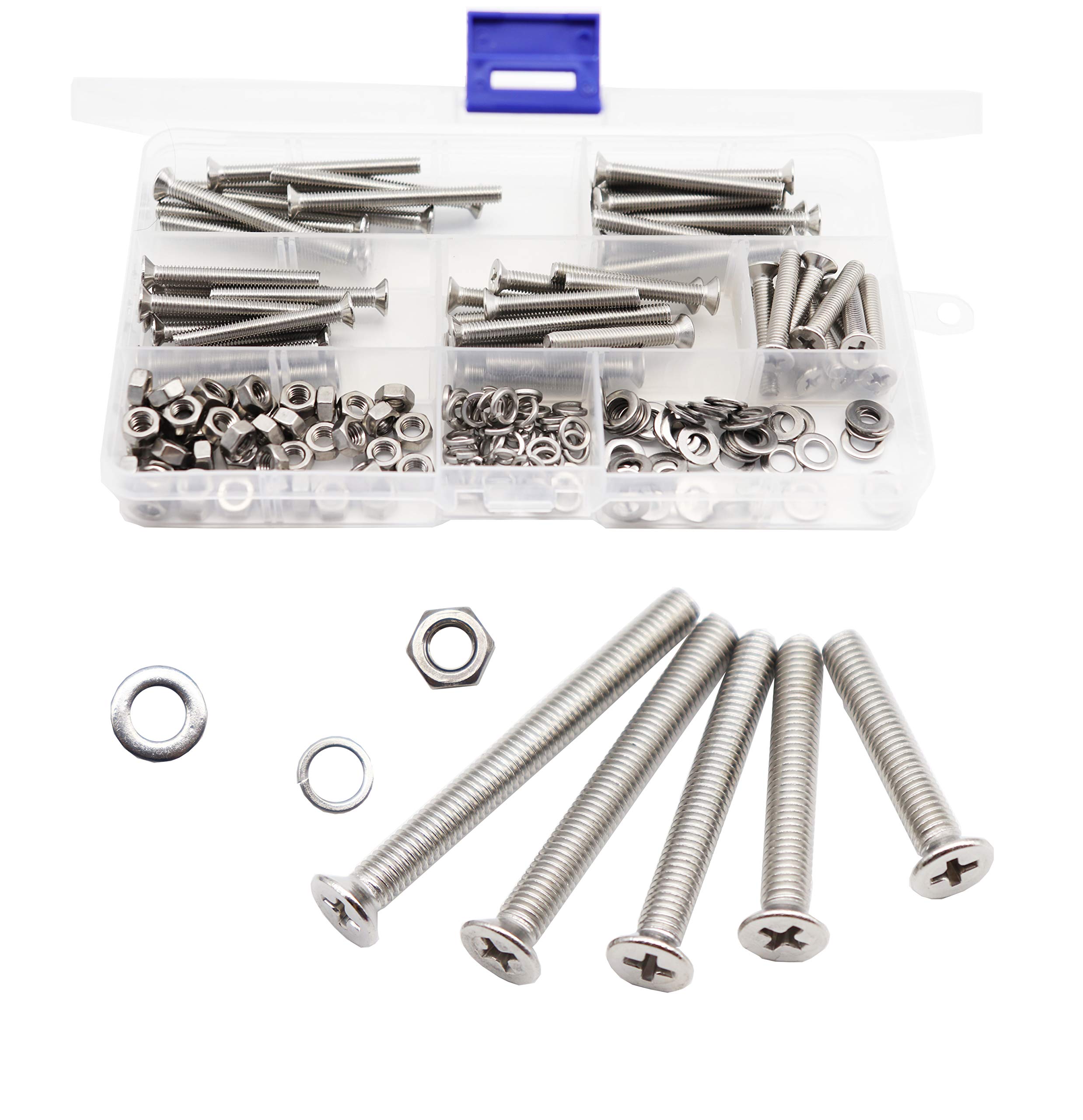 cSeao 200pcs Metric M5 x 30mm/ 35mm/ 40mm/ 45mm/ 50mm Flat Countersunk Head Phillips Machine Screws Nuts Washers Assortment Kit, 304 Stainless Steel