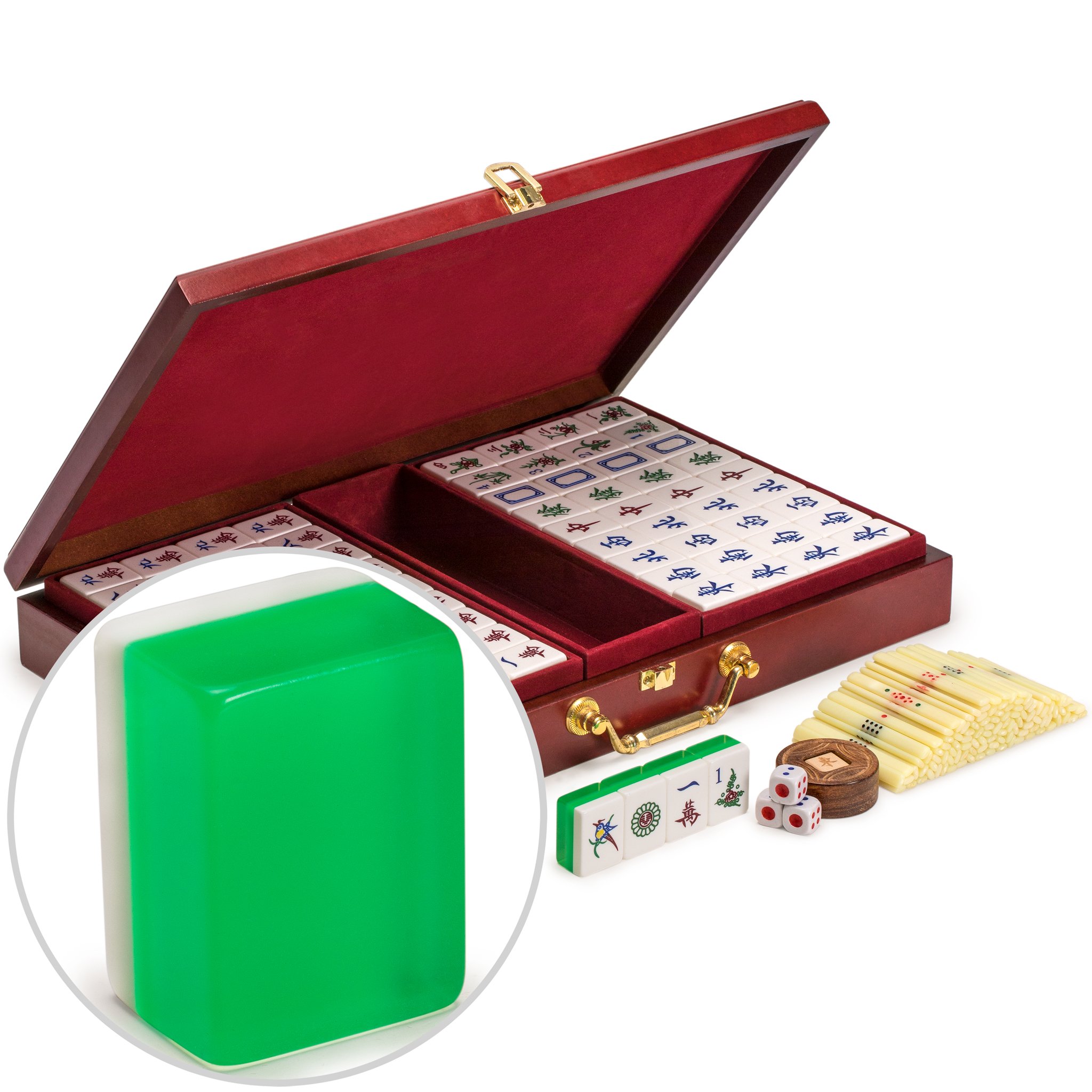 Photo 1 of (please see all images) Yellow Mountain Imports Classic Chinese Mahjong Game Set, Emerald with 148 Medium-Size Translucent Green Tiles and Wooden Case