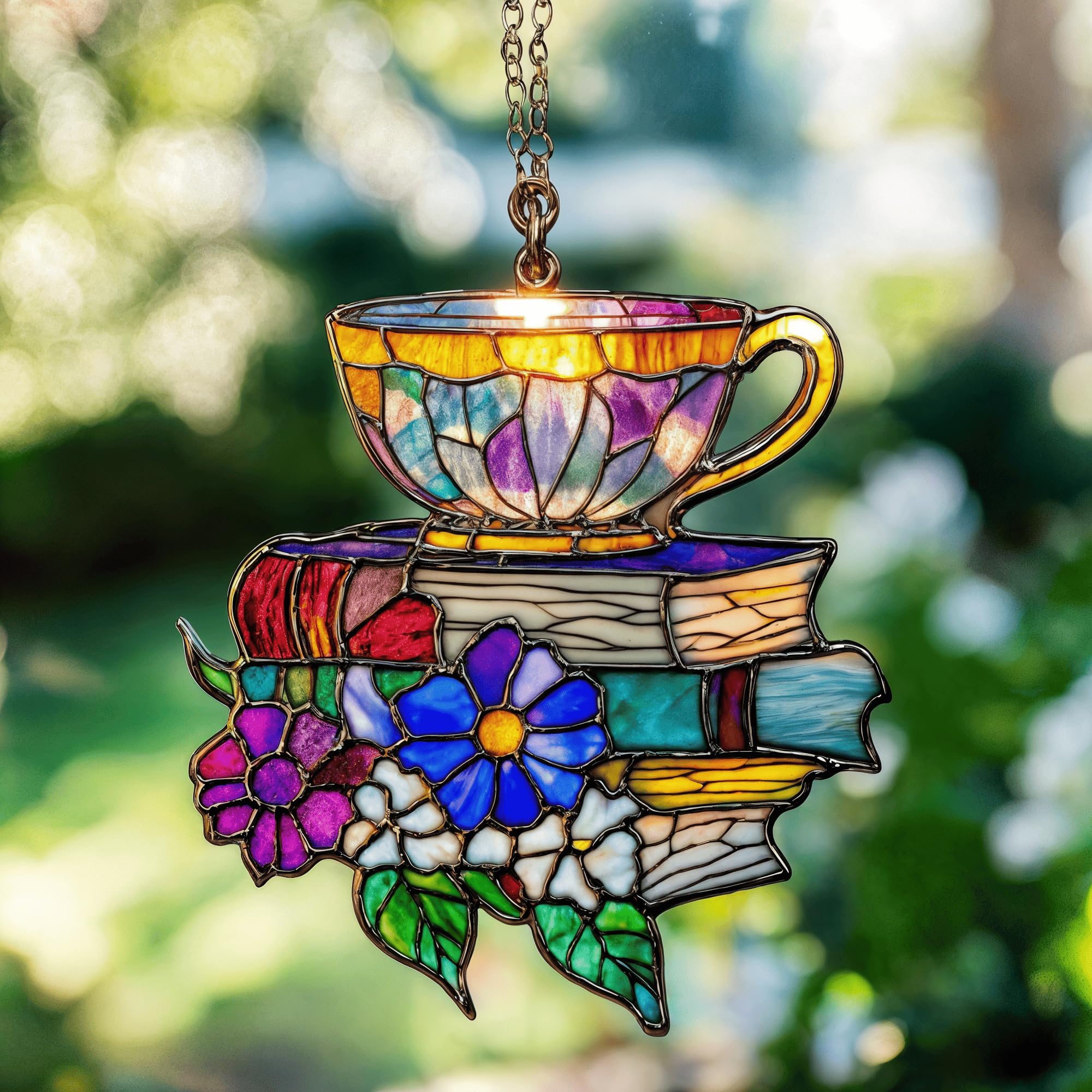 Photo 1 of *DAMAGE* Books Teacup Handmade Artisan Resin Sun Catcher for Bookworm-Stained Glass Effect Christmas Window Hanging Ornament Garden Decor Bookish Gifts for Librarian Readers Book Lovers