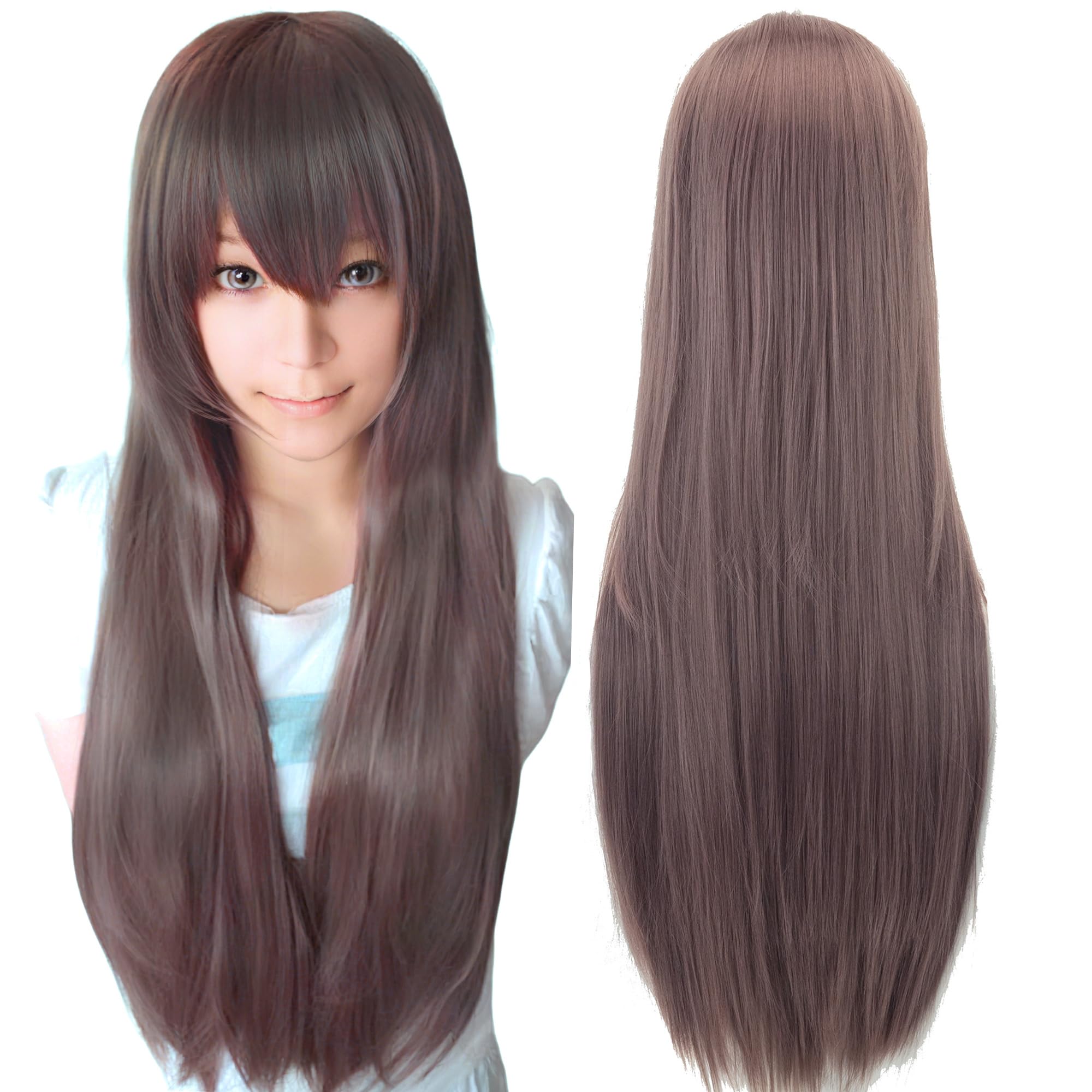 IMISSU 80cm Long Straight Natural Hair Cosplay Wigs with Bangs Colorful Halloween Costume Party Wig for Girl (Ash Purple)