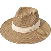 Lanzom Women Wide Brim Straw Panama Roll up Hat Fedora Beach Sun Hat UPF50+