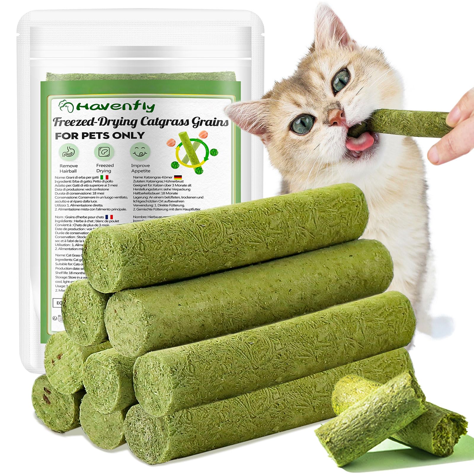 50g Cat Grass Teething Stick - Freeze-Dried Cat Grass Sticks for Teeth Cleaning & Hairball Removal