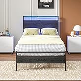 Twin Bed Frame with Headboard/LED Lights,Metal Bed Frame Twin Size with Charging Station,Twin Platform Bed Frame Twin Size No Box Spring Needed,Beds Base,Heavy Duty Metal Slats Support,No Noise,Black