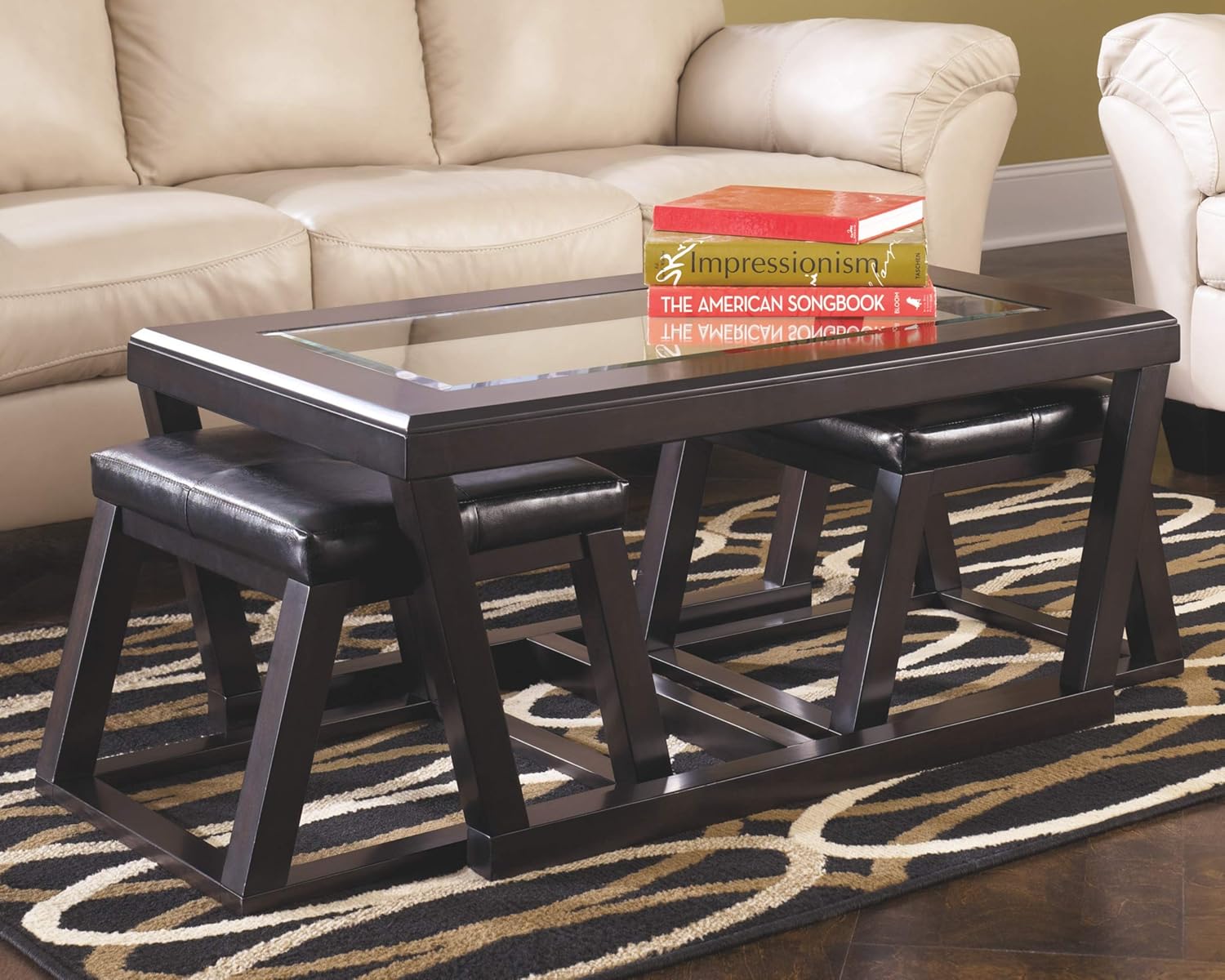 Signature Design by Ashley - Kelton Glass Top Coffee Table with 2 Stools - 3 Piece Set, Espresso Brown: Furniture & Decor