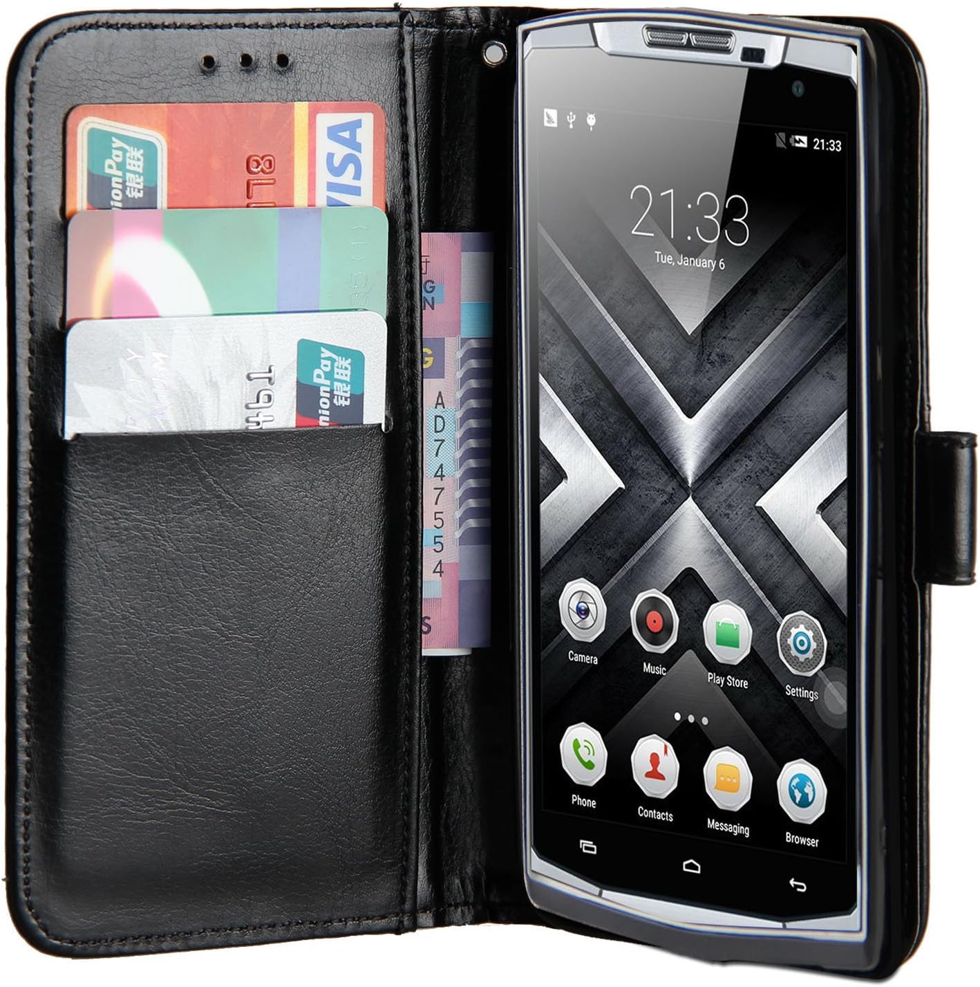 Raiphy Leather case for Oukitel K10000 Pro,Phone protective Leather Case with a card slot and Stand Function (Black)