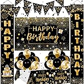 Nigifter Black and Gold Birthday Decorations for Men Women, 37pcs Black and Gold Party Decorations with Backdrop, Tablecloth, Confetti Balloons, Banner, Balloon Arch Kit for Birthday Party