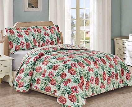 Panama Jack 3pc Full Queen Size Tropical Pineapples And Hibiscus Flowers Quilt Set