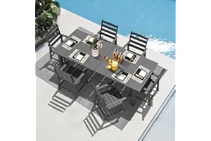 LOUNZY 7 Pieces Patio Dining Sets, 75.2'' Table Outdoor HDPE Furniture Set w/ 2" Hole Cut-Out Dining Table with 6 Patio Chairs for Lawn, Pool and Yard,Gray