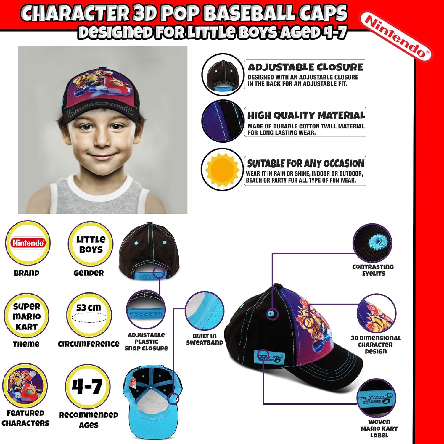 Nintendo Boys Super Mario Cotton Baseball Cap (Size 4-7): Clothing