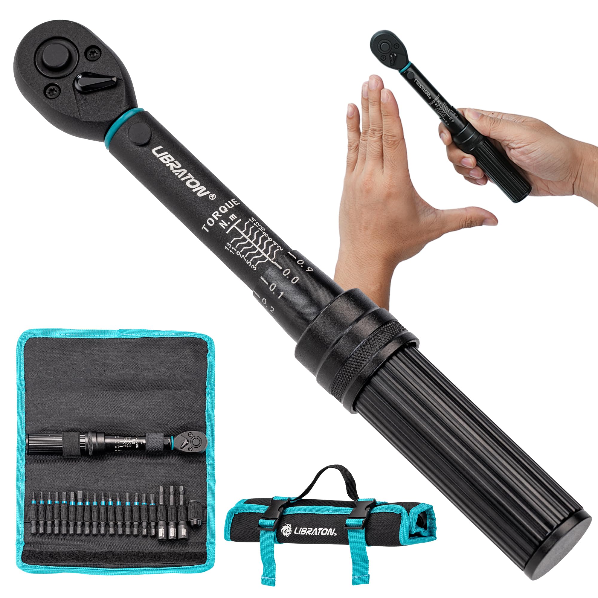 LIBRATON Drehmomentschlüssel 1/4", 2-14Nm, 72-Zahn-Drehmomentschlüssel, Mikroeinstellung auf 0,1Nm, Sechskant & Torx Schlagbits, Steckschlüssel, Schlag- auf 1/4-Sechskant-Konverter, Fahrrad-Reparatur