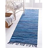 Unique Loom Chindi Cotton Collection Soft Hand Woven Natural Fiber Striped Area Rug, 2 ft 7 in x 9 ft 10 in, Navy Blue/Ivory