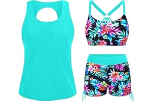 Yonique 3 Piece Womens Tankini Swimsuits with Shorts Athletic Bathing Suits Tank Tops with Bra and Boyshorts