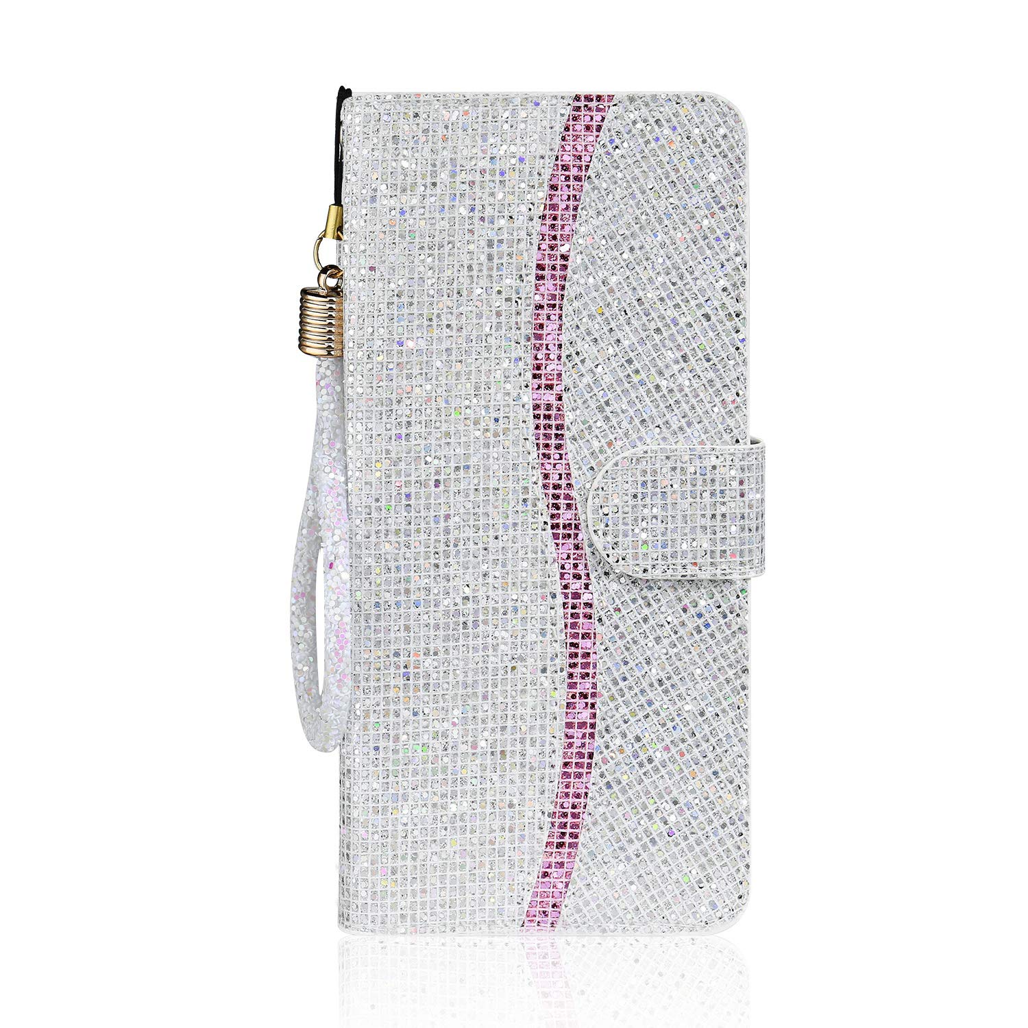 Tiyoo Phone case for Samsung S10 Flip Case Bling Glitter Sparkle Case, 3D Sequins Leather Wallet Cover with Magnetic Closure, Support Stand and Card Slots, with Lanyard Strap (Silver/White)