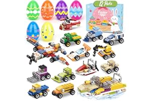 Iabedi 12 Pack Easter Eggs with Toys,Easter Basket Stuffers,Vehicle Building Blocks,Prefilled Plastic Easter Eggs Gifts for Boys,Party Favors for Kids Classroom,Toys for 3+ Years Old Boys