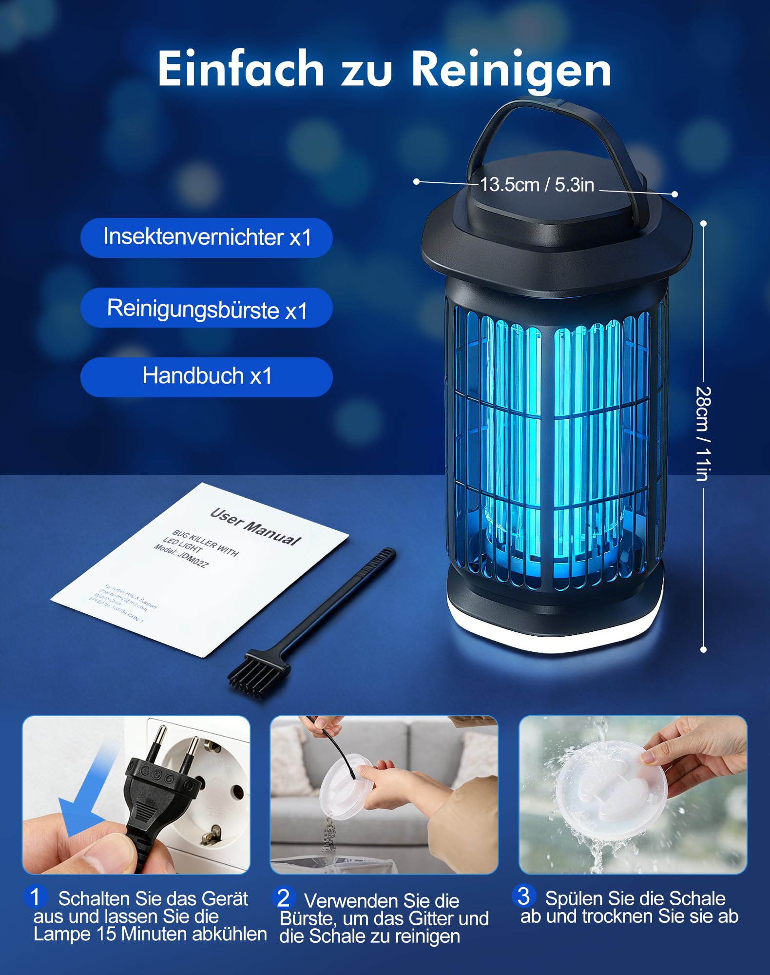 ROVLAK Insektenvernichter Elektrisch mit LED Licht, 4000V Mückenlampe Innen & Außen, 365nm UV Mückenfalle, IPX4 Wasserdicht, 100㎡ Abdeckung Fliegenfalle Lampe für Schlafzimmer, Balkon & Camping 8
