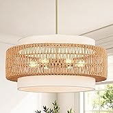 6-Light Boho Rattan Chandelier, 25.6" Large Rattan Pendant Light with Fabric Shade, Farmhouse Hand Woven Chandelier Hanging C