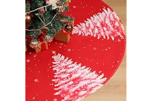 Multiwins Christmas Tree Skirt 48 Inch, Red Christmas Tree Skirt with Christmas Tree Design, Thick Flannel Fabric, Rustic Farmhouse Xmas Tree Skirt for Holiday Decorations, Indoor Christmas Party