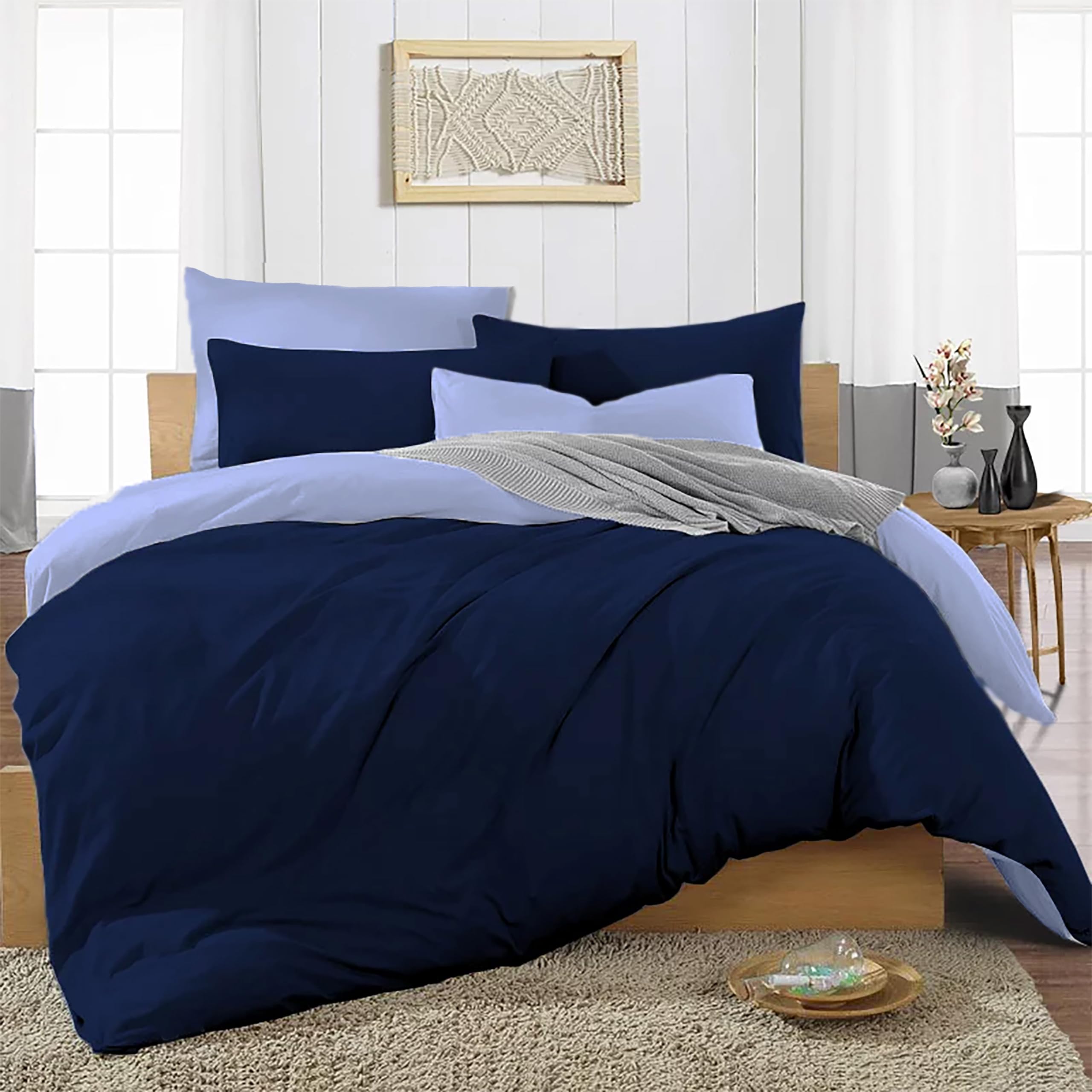 Ev Dekor® Duvet Cover Set Single Dark Blue Light Blue - Soft Microfibre Polyester Plain Dyed Reversible Double Duvet Set with Pillow cases - Bedding Quilt Covers Bedsheets