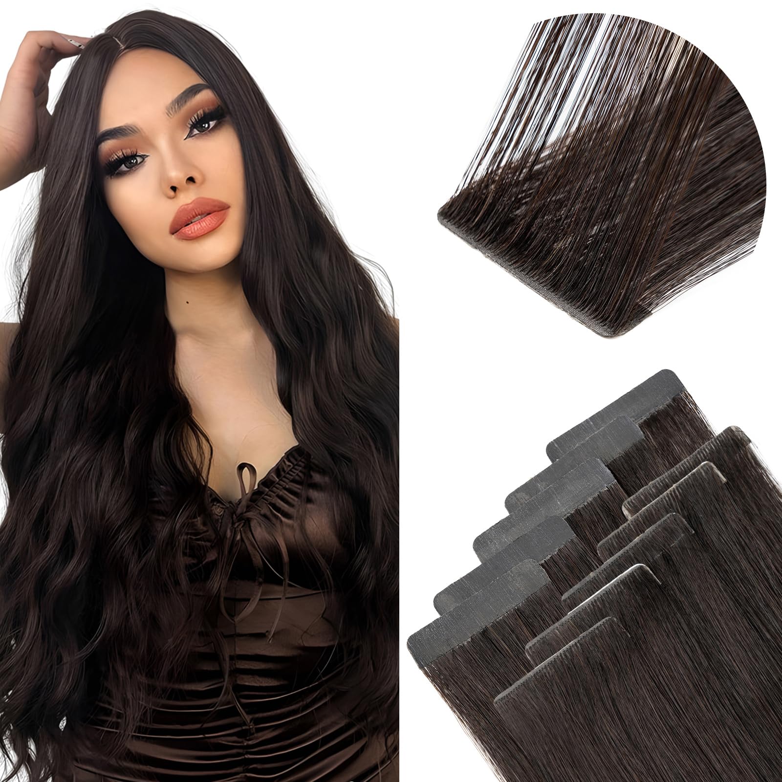 Elailite Injection Tape in Hair Extensions Human Hair - Invisible Skin Weft Remy Natural Real Hair Extension Straight 10 Pcs 20g - #1B Natural Black - 12 Inch — image 1