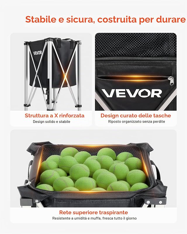 Carrello Porta Palline da Tennis Pieghevole con Cestello, capacità di 200 Palline da Tennis, Cestello con Ruote Scorrevoli, in Acciaio Inox, Borsa Portaoggetti, per Allenamento e Insegnamento