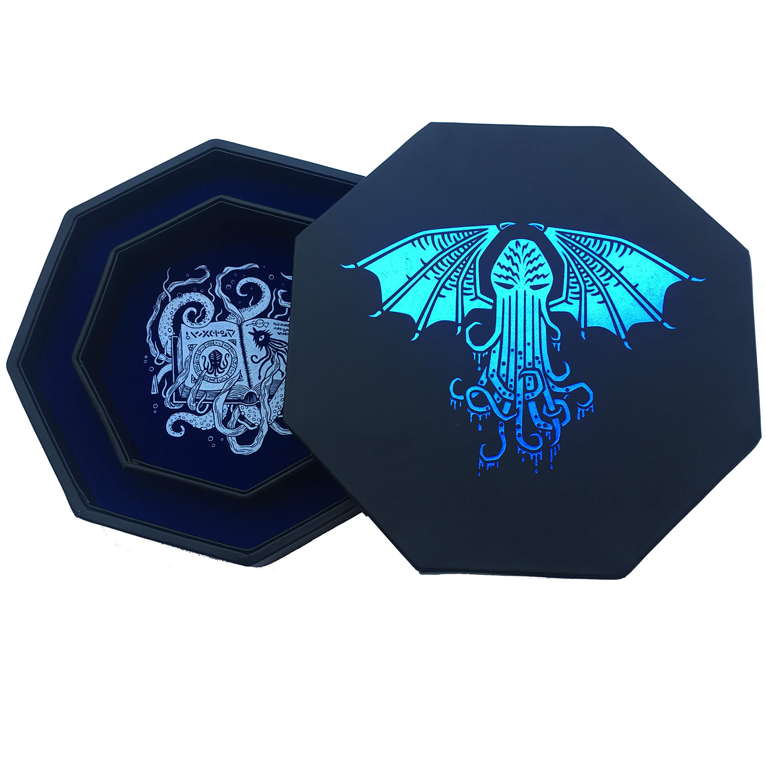 Fantasydice-CTHULHU TOME-BLUE- Dice Tray 20CM Octagon with Lid and Dice Staging Area- Holds 5 Sets(7 Dice Set/Standard) for All Tabletop RPGs Like D&D, Call of Cthulhu, Shadowrun.