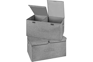 Valease 2 Pack Large Storage Boxes with Lids and Handles, Collapsible Linen Storage Bins Organizer Containers Baskets Cube with Removable Divider for Home Bedroom Closet Office (Grey, Large)
